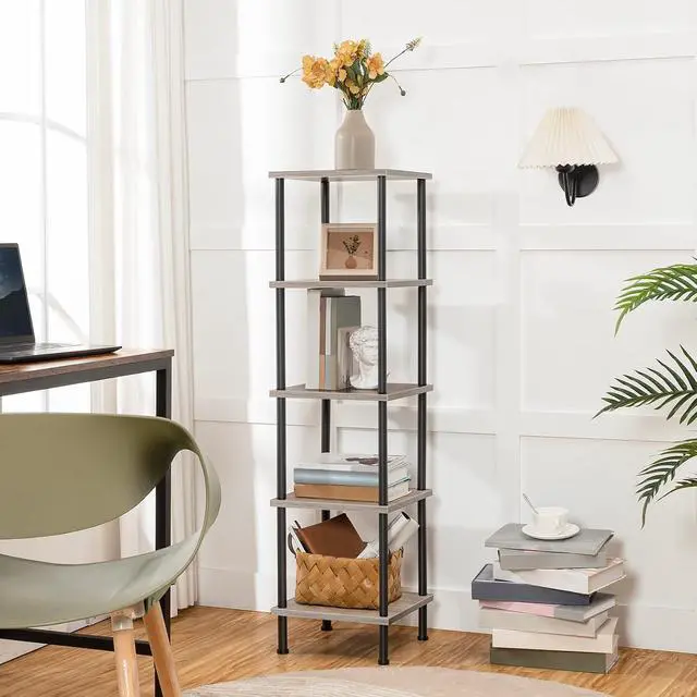 Alt view image 5 of 7 - 5-Tier Corner Shelf Stand, Corner Square Rack Display Shelf, Tall Storage Rack Plant Stand, Bookcase for Small Spaces, Living Room, Home Office, Kitchen, Greige and Black BG50CJ01