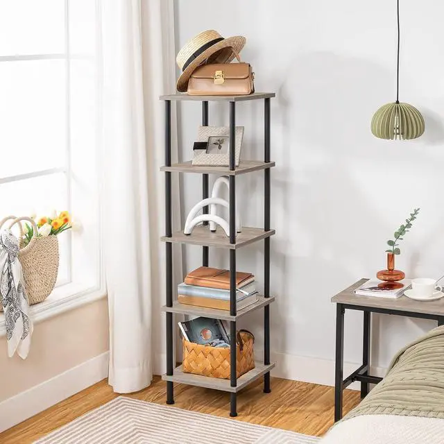 Alt view image 6 of 7 - 5-Tier Corner Shelf Stand, Corner Square Rack Display Shelf, Tall Storage Rack Plant Stand, Bookcase for Small Spaces, Living Room, Home Office, Kitchen, Greige and Black BG50CJ01