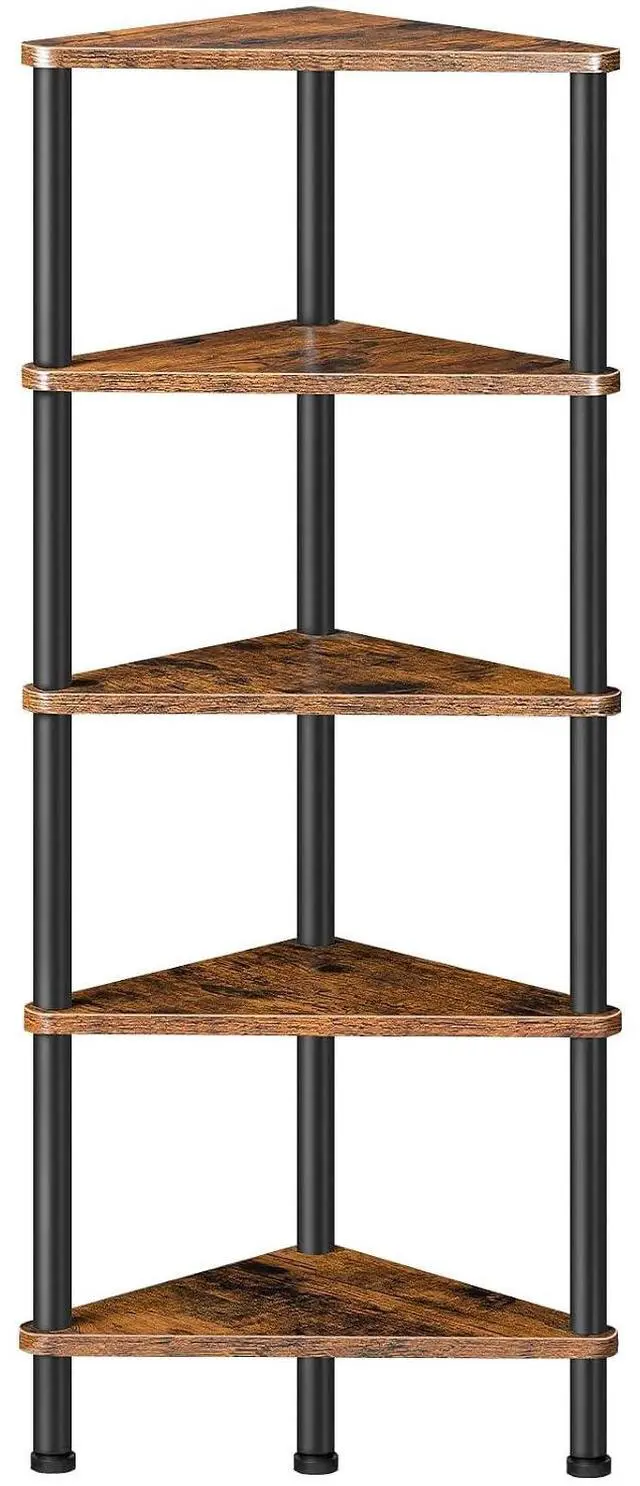 Main image of Corner Shelf Stand, Industrial 5-Tier Corner Bookshelf with Metal Frame, Plant Display Shelf, Small Bookcase for Small Spaces, Bedroom, Living Room, Rustic Brown BF33CJ01
