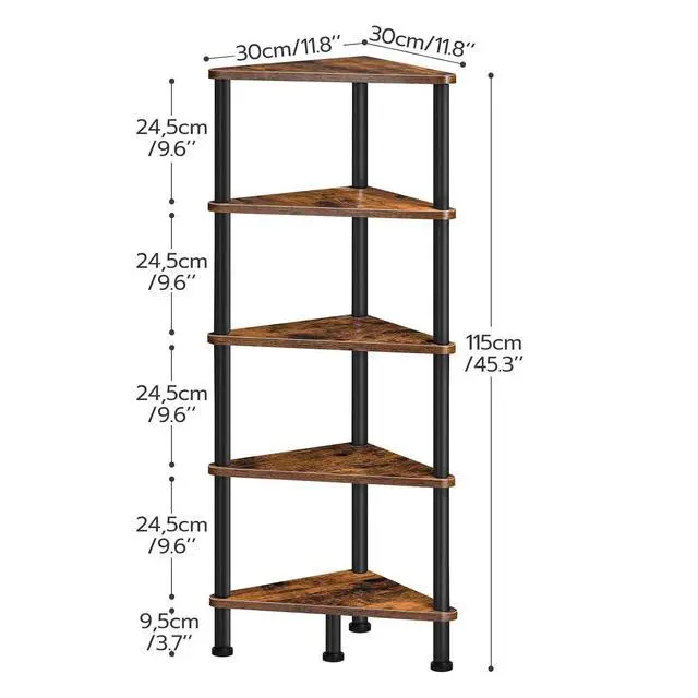 Alt view image 3 of 7 - Corner Shelf Stand, Industrial 5-Tier Corner Bookshelf with Metal Frame, Plant Display Shelf, Small Bookcase for Small Spaces, Bedroom, Living Room, Rustic Brown BF33CJ01