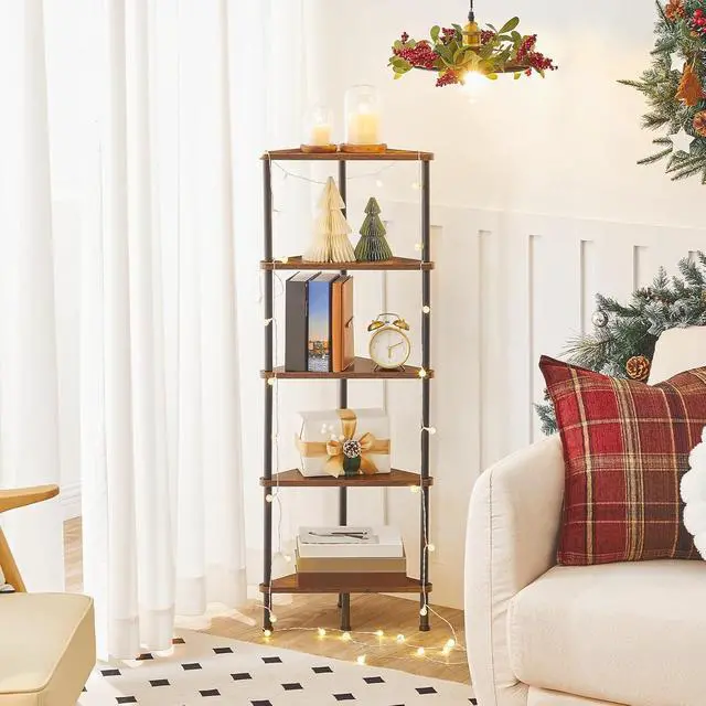 Alt view image 2 of 7 - Corner Shelf Stand, Industrial 5-Tier Corner Bookshelf with Metal Frame, Plant Display Shelf, Small Bookcase for Small Spaces, Bedroom, Living Room, Rustic Brown BF33CJ01