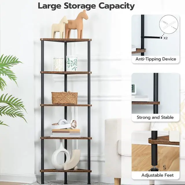 Alt view image 5 of 7 - Corner Shelf Stand, Industrial 5-Tier Corner Bookshelf with Metal Frame, Plant Display Shelf, Small Bookcase for Small Spaces, Bedroom, Living Room, Rustic Brown BF33CJ01