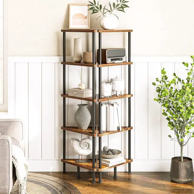 Alt view image 4 of 7 - Corner Shelf Stand, Industrial 5-Tier Corner Bookshelf with Metal Frame, Plant Display Shelf, Small Bookcase for Small Spaces, Bedroom, Living Room, Rustic Brown BF33CJ01