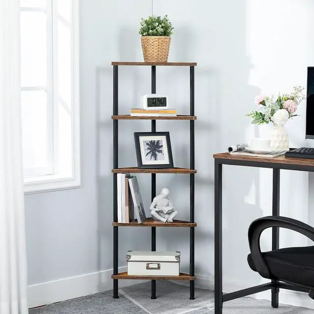 Alt view image 6 of 7 - Corner Shelf Stand, Industrial 5-Tier Corner Bookshelf with Metal Frame, Plant Display Shelf, Small Bookcase for Small Spaces, Bedroom, Living Room, Rustic Brown BF33CJ01