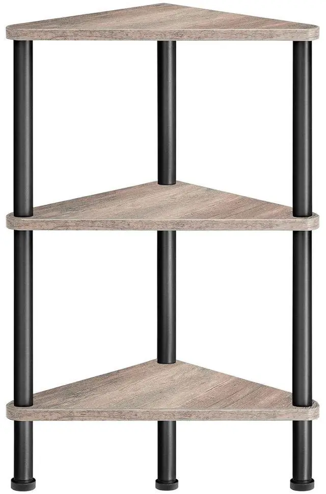 Main image of Corner Shelf Stand, Industrial 3-Tier Wall Corner Bookshelf with Metal Frame, Plant Display Shelf, Bookcase for Small Spaces, Living Room, Greige and Black BG30CJ01