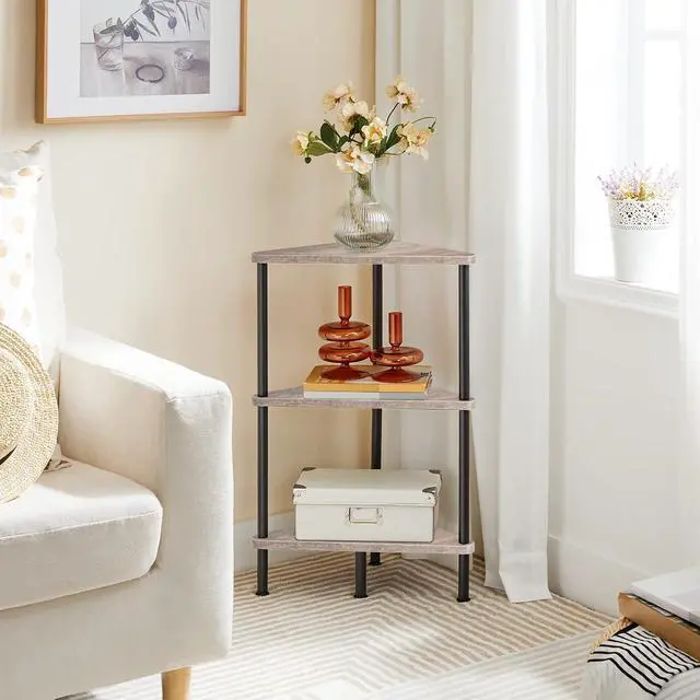 Alt view image 2 of 7 - Corner Shelf Stand, Industrial 3-Tier Wall Corner Bookshelf with Metal Frame, Plant Display Shelf, Bookcase for Small Spaces, Living Room, Greige and Black BG30CJ01