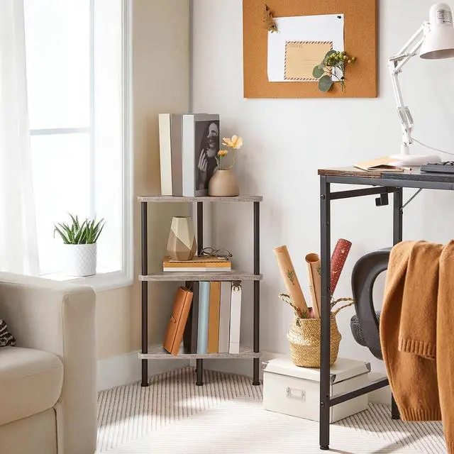 Alt view image 4 of 7 - Corner Shelf Stand, Industrial 3-Tier Wall Corner Bookshelf with Metal Frame, Plant Display Shelf, Bookcase for Small Spaces, Living Room, Greige and Black BG30CJ01