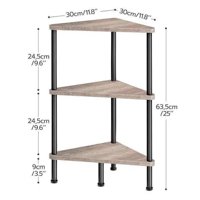 Alt view image 3 of 7 - Corner Shelf Stand, Industrial 3-Tier Wall Corner Bookshelf with Metal Frame, Plant Display Shelf, Bookcase for Small Spaces, Living Room, Greige and Black BG30CJ01