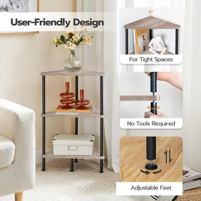 Alt view image 5 of 7 - Corner Shelf Stand, Industrial 3-Tier Wall Corner Bookshelf with Metal Frame, Plant Display Shelf, Bookcase for Small Spaces, Living Room, Greige and Black BG30CJ01