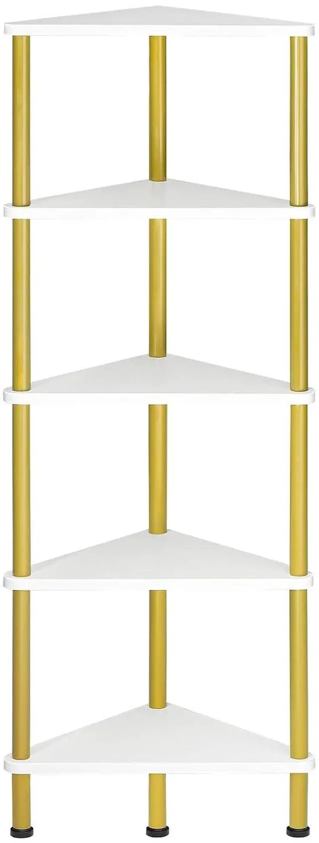 Main image of Corner Shelf Stand, Industrial 5-Tier Wall Corner Bookshelf with Metal Frame, Plant Display Shelf, Bookcase for Small Spaces, Bedroom, Living Room, White and Gold DW33CJ01