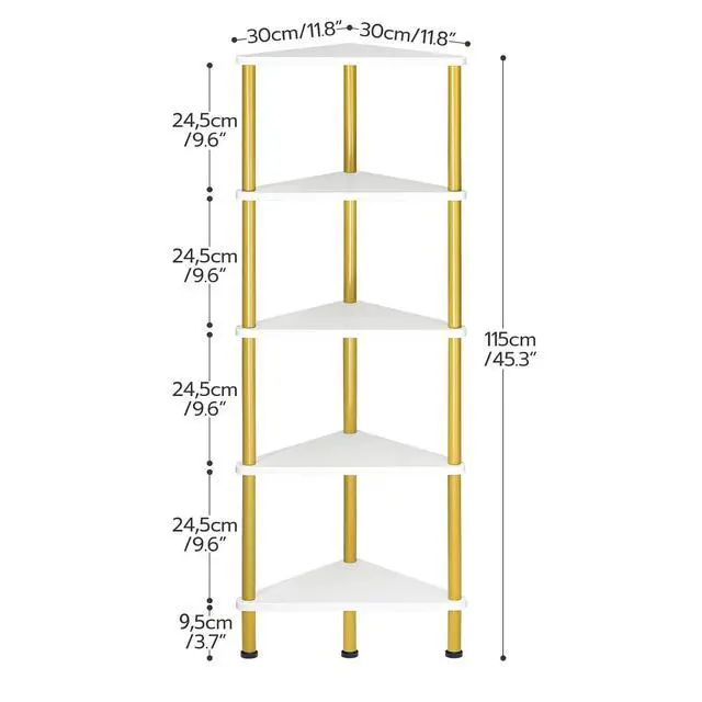 Alt view image 3 of 7 - Corner Shelf Stand, Industrial 5-Tier Wall Corner Bookshelf with Metal Frame, Plant Display Shelf, Bookcase for Small Spaces, Bedroom, Living Room, White and Gold DW33CJ01