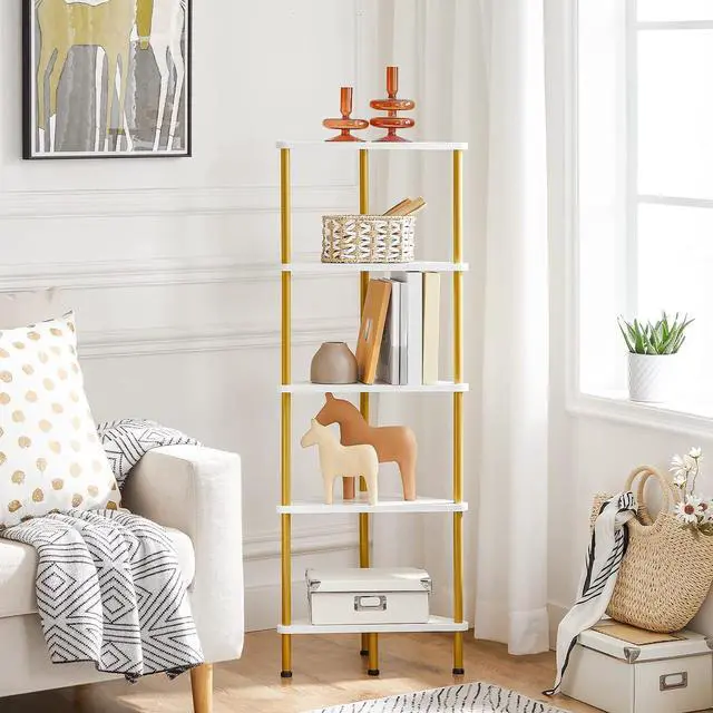 Alt view image 2 of 7 - Corner Shelf Stand, Industrial 5-Tier Wall Corner Bookshelf with Metal Frame, Plant Display Shelf, Bookcase for Small Spaces, Bedroom, Living Room, White and Gold DW33CJ01