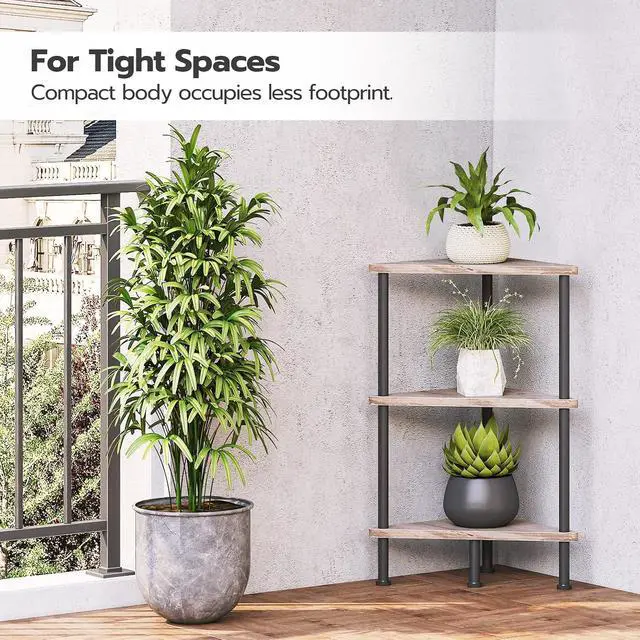 Alt view image 7 of 7 - Corner Shelf Stand, Industrial 3-Tier Wall Corner Bookshelf with Metal Frame, Plant Display Shelf, Bookcase for Small Spaces, Living Room, Greige and Black BG30CJ01