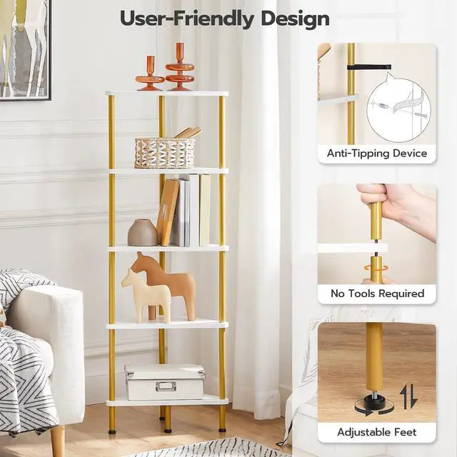 Alt view image 5 of 7 - Corner Shelf Stand, Industrial 5-Tier Wall Corner Bookshelf with Metal Frame, Plant Display Shelf, Bookcase for Small Spaces, Bedroom, Living Room, White and Gold DW33CJ01