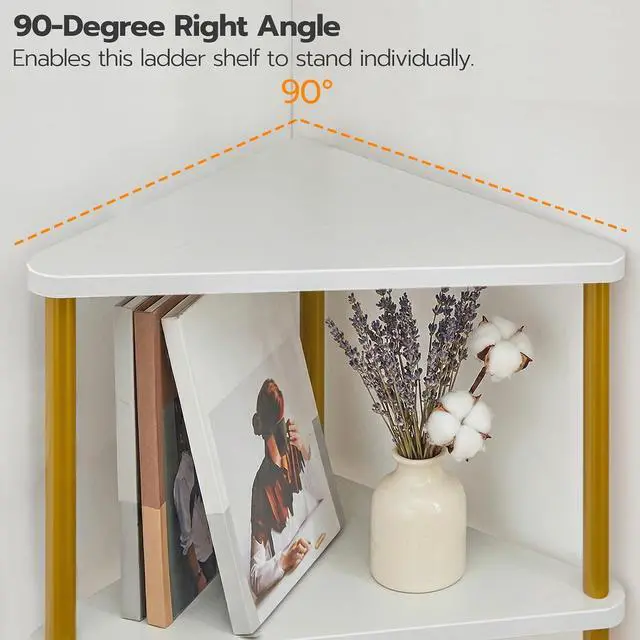 Alt view image 6 of 7 - Corner Shelf Stand, Industrial 5-Tier Wall Corner Bookshelf with Metal Frame, Plant Display Shelf, Bookcase for Small Spaces, Bedroom, Living Room, White and Gold DW33CJ01