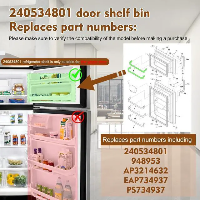 Alt view image 3 of 7 - 240534801 Refrigerator Freezer Door Rack Compatible with Frigidaire, Kenmore, Crosley, White-Westinghouse Refrigerator Door Shelf Bin FRT18B5JM, 253618421 etc, Replace 948953, AP3214632 Door Shelf Bin