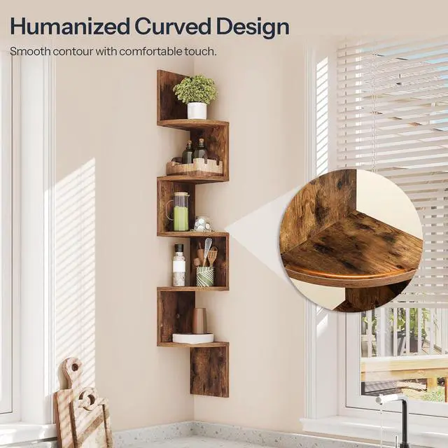 Alt view image 5 of 7 - Corner Shelf Wall-Mounted, Set of 2 Floating Corner Shelves for Wall, 5-Tier Corner Bookshelves for Living Room, Bedroom, Bathroom, Home Office, Rustic Brown BF26BJP201