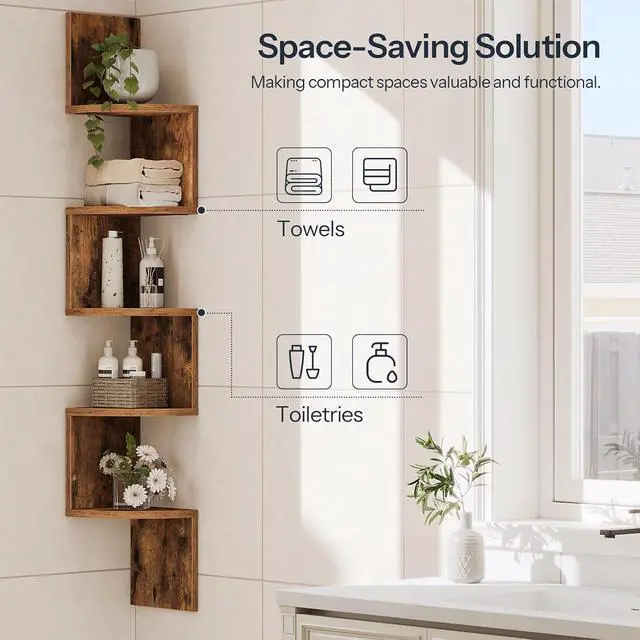 Alt view image 6 of 7 - Corner Shelf Wall-Mounted, Set of 2 Floating Corner Shelves for Wall, 5-Tier Corner Bookshelves for Living Room, Bedroom, Bathroom, Home Office, Rustic Brown BF26BJP201