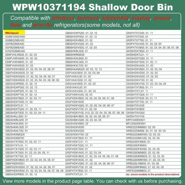 Alt view image 4 of 7 - WPW10371194, W10371194 Door Shelf Bin Compatible With whirlpool, kenmore, kitchenAid, maytag, amana, ikea: WRF535SMBM, WRB322DMBM, WRB329DMBB etc. Replace Shallow Door Bin PS11753892, 67001281