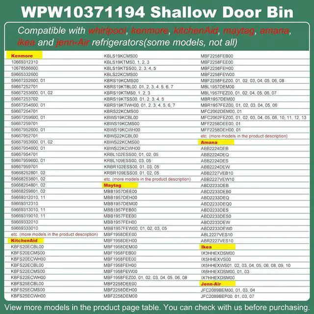 Alt view image 5 of 7 - WPW10371194, W10371194 Door Shelf Bin Compatible With whirlpool, kenmore, kitchenAid, maytag, amana, ikea: WRF535SMBM, WRB322DMBM, WRB329DMBB etc. Replace Shallow Door Bin PS11753892, 67001281