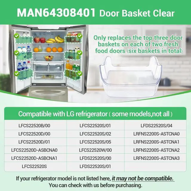 Alt view image 4 of 7 - MAN64308401 Door Shelf Bin (Clear) Compatible with lg Refrigerator: LFCS22520D, LFCS22520S, LFDS22520S, LFCS22520B, LFCS22520W etc. AP6801365 Door Basket replace 4879346, PS12590220, EAP12590220 etc.
