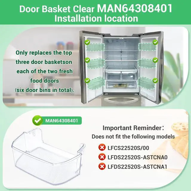 Alt view image 6 of 7 - MAN64308401 Door Shelf Bin (Clear) Compatible with lg Refrigerator: LFCS22520D, LFCS22520S, LFDS22520S, LFCS22520B, LFCS22520W etc. AP6801365 Door Basket replace 4879346, PS12590220, EAP12590220 etc.