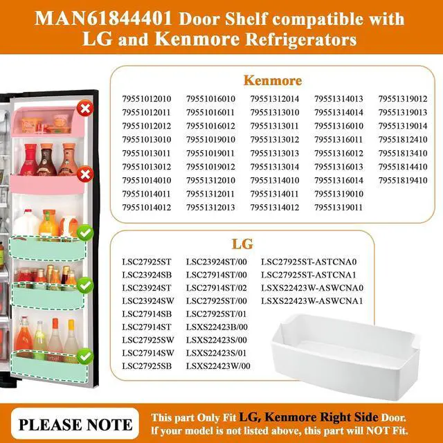 Alt view image 4 of 6 - MAN61844401 Refrigerator Door Shelf Bin (Right) Compatible with LG LSC27925ST Bin, LG LSC23924SW Door Shelf, LSC27914SB, LSC27925SW, Kenmore Refrigerator 79551012010, 79551313014, etc