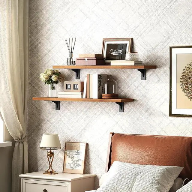 Alt view image 5 of 7 - Floating Shelves for Wall, 23.6" Wall Mounted Shelves Set of 2, Hanging Storage Shelf with Metal Brackets, Wooden Shelf for Living Room, Bedroom, Bathroom, Rustic Brown and Black BF62BJP201G1