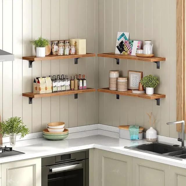 Alt view image 6 of 7 - Floating Shelves for Wall, 23.6" Wall Mounted Shelves Set of 2, Hanging Storage Shelf with Metal Brackets, Wooden Shelf for Living Room, Bedroom, Bathroom, Rustic Brown and Black BF62BJP201G1