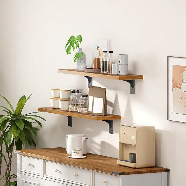 Alt view image 7 of 7 - Floating Shelves for Wall, 23.6" Wall Mounted Shelves Set of 2, Hanging Storage Shelf with Metal Brackets, Wooden Shelf for Living Room, Bedroom, Bathroom, Rustic Brown and Black BF62BJP201G1