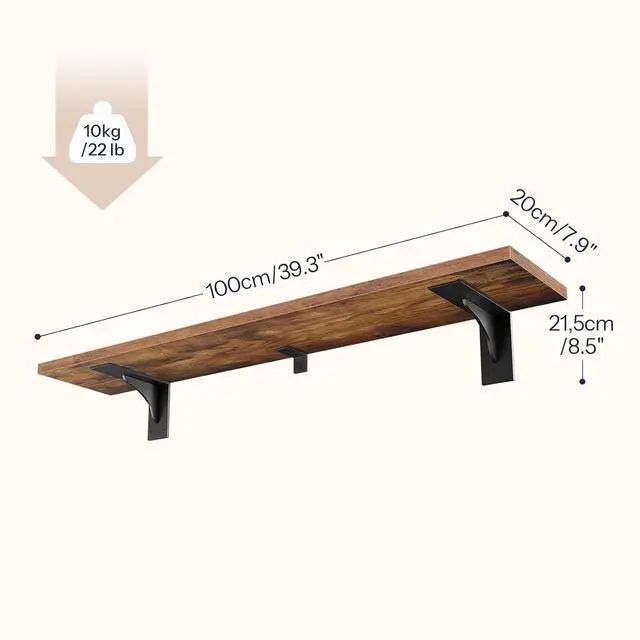Alt view image 3 of 7 - Floating Shelves for Wall, 39.4" Wall Mounted Shelves Set of 2 | Hanging Storage Shelf with Metal Brackets, wooden shelf for Living Room, Bedroom, Bathroom, Rustic Brown and Black