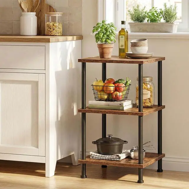 Alt view image 5 of 7 - 3-Tier Corner Shelf Stand, Corner Square Rack Display Shelf, Tall Storage Plant Stand, Bookcase for Small Spaces, Living Room, Home Office, Kitchen, Rustic Brown and Black BF153CJ01