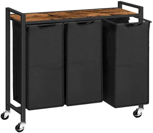 Main image of Laundry Sorter 3 Section, Laundry Hamper with Wheels, 3 × 11.5 Gal (43.5 L), Rolling Laundry Basket, Pull-Out and Removable Oxford Fabric Laundry Bags, Rustic Brown and Black BF76XY01