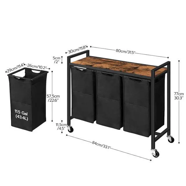 Alt view image 3 of 7 - Laundry Sorter 3 Section, Laundry Hamper with Wheels, 3 × 11.5 Gal (43.5 L), Rolling Laundry Basket, Pull-Out and Removable Oxford Fabric Laundry Bags, Rustic Brown and Black BF76XY01