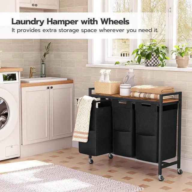 Alt view image 2 of 7 - Laundry Sorter 3 Section, Laundry Hamper with Wheels, 3 × 11.5 Gal (43.5 L), Rolling Laundry Basket, Pull-Out and Removable Oxford Fabric Laundry Bags, Rustic Brown and Black BF76XY01