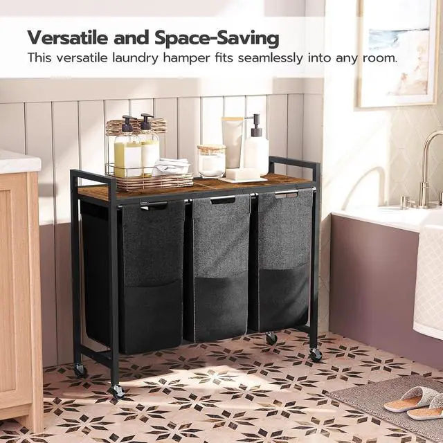 Alt view image 5 of 7 - Laundry Sorter 3 Section, Laundry Hamper with Wheels, 3 × 11.5 Gal (43.5 L), Rolling Laundry Basket, Pull-Out and Removable Oxford Fabric Laundry Bags, Rustic Brown and Black BF76XY01