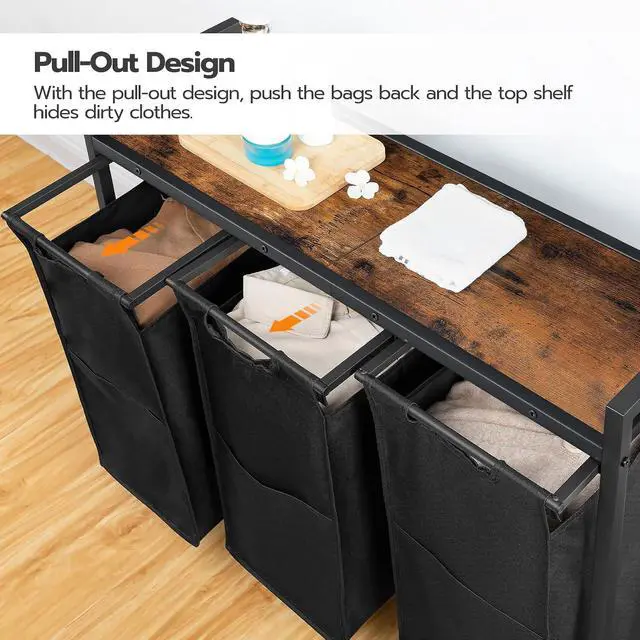 Alt view image 6 of 7 - Laundry Sorter 3 Section, Laundry Hamper with Wheels, 3 × 11.5 Gal (43.5 L), Rolling Laundry Basket, Pull-Out and Removable Oxford Fabric Laundry Bags, Rustic Brown and Black BF76XY01