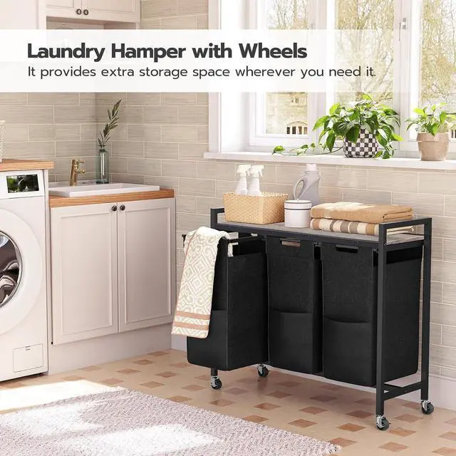 Alt view image 2 of 7 - Laundry Sorter 3 Section, Laundry Hamper with Wheels, 3 × 11.5 Gal (43.4L), Rolling Laundry Basket, Pull-Out and Removable Oxford Fabric Bags, Greige and Black BG76XY01