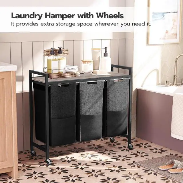 Alt view image 4 of 7 - Laundry Sorter 3 Section, Laundry Hamper with Wheels, 3 × 11.5 Gal (43.4L), Rolling Laundry Basket, Pull-Out and Removable Oxford Fabric Bags, Greige and Black BG76XY01
