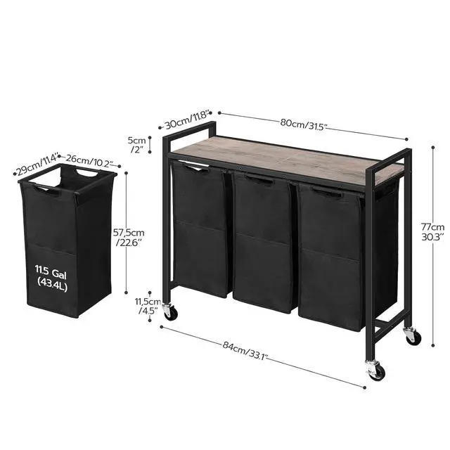 Alt view image 6 of 7 - Laundry Sorter 3 Section, Laundry Hamper with Wheels, 3 × 11.5 Gal (43.4L), Rolling Laundry Basket, Pull-Out and Removable Oxford Fabric Bags, Greige and Black BG76XY01