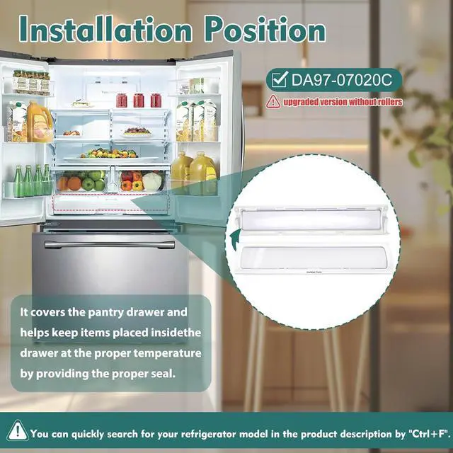 Alt view image 5 of 7 - DA97-07020C, DA63-04615A Pantry Drawer Door Cover Compatible with samsung Refrigerator: RF260BEAEBC/AA, RF260BEAESG/AA etc, Refrigerator Pantry Drawer door Replace DA97-05383E, DA97-05383A etc