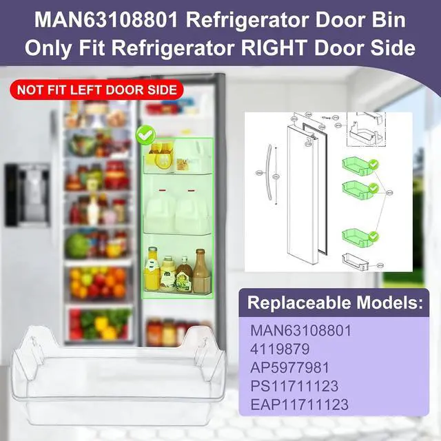 Alt view image 2 of 6 - Upgraded MAN63108801 Refrigerator Door Shelf Bin (Right) Compatible with LG LSXS26326S/00 Door Bin, LG LSXS26326S/02 Door Shelf, LRSES2706V/00, Kenmore Refrigerator 79551733811, 79551857610 etc