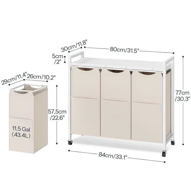Alt view image 3 of 7 - Laundry Sorter 3 Section, Laundry Hamper with Wheels, 3 × 11.5 Gal (43.4L), Rolling Laundry Basket, Pull-Out and Removable Oxford Fabric Bags, White WG76XY01