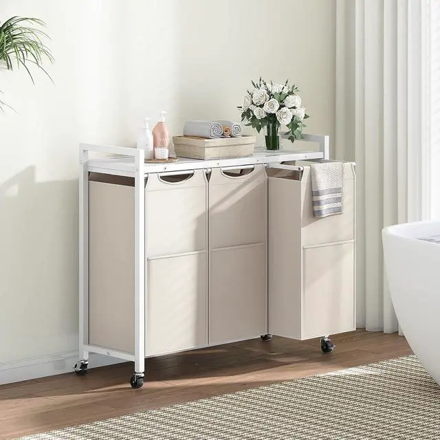 Alt view image 2 of 7 - Laundry Sorter 3 Section, Laundry Hamper with Wheels, 3 × 11.5 Gal (43.4L), Rolling Laundry Basket, Pull-Out and Removable Oxford Fabric Bags, White WG76XY01