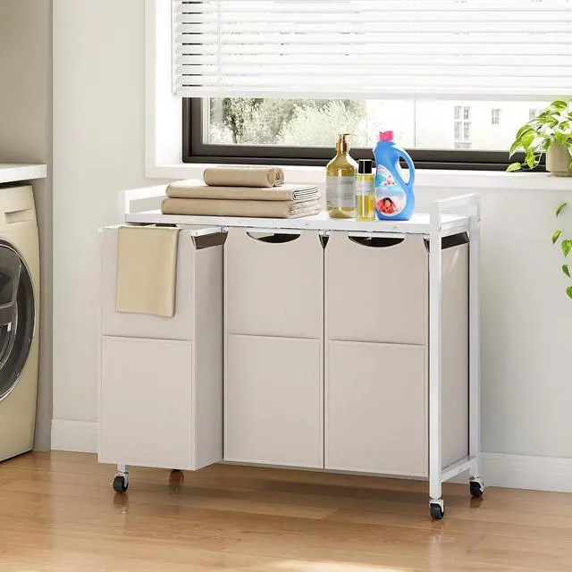 Alt view image 4 of 7 - Laundry Sorter 3 Section, Laundry Hamper with Wheels, 3 × 11.5 Gal (43.4L), Rolling Laundry Basket, Pull-Out and Removable Oxford Fabric Bags, White WG76XY01