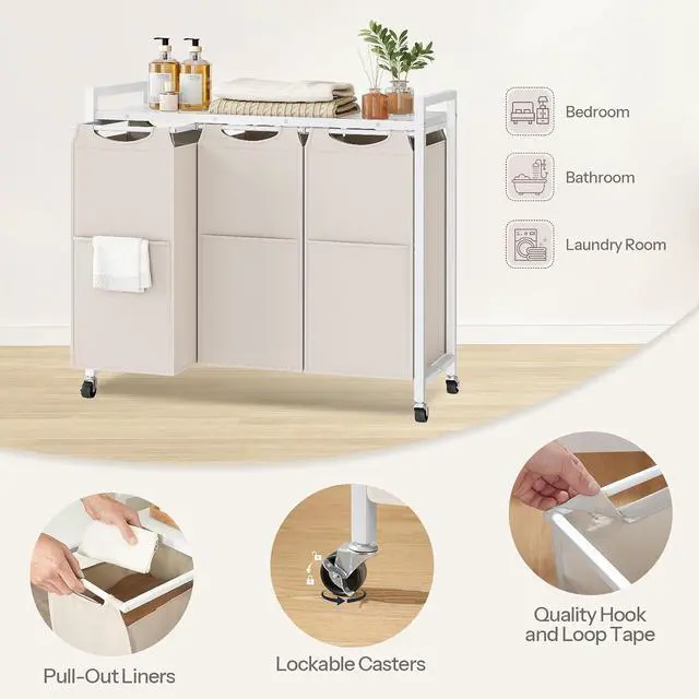 Alt view image 6 of 7 - Laundry Sorter 3 Section, Laundry Hamper with Wheels, 3 × 11.5 Gal (43.4L), Rolling Laundry Basket, Pull-Out and Removable Oxford Fabric Bags, White WG76XY01
