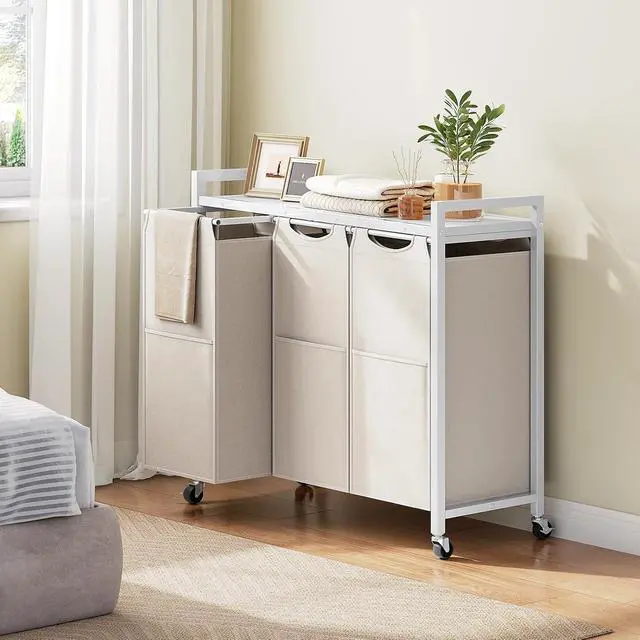 Alt view image 5 of 7 - Laundry Sorter 3 Section, Laundry Hamper with Wheels, 3 × 11.5 Gal (43.4L), Rolling Laundry Basket, Pull-Out and Removable Oxford Fabric Bags, White WG76XY01