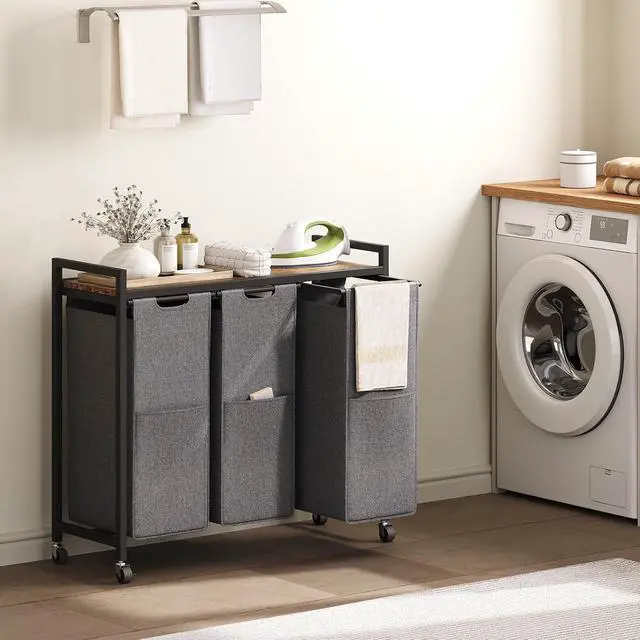 Alt view image 2 of 7 - Laundry Sorter 3 Section, Laundry Hamper with Wheels, 3 × 11.5 Gal (43.4L), Rolling Laundry Basket, Pull-Out and Removable Oxford Fabric Laundry Bags, Rustic Brown and Grey BFG76XY01