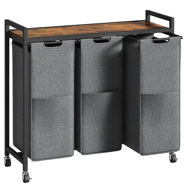 Main image of Laundry Sorter 3 Section, Laundry Hamper with Wheels, 3 × 11.5 Gal (43.4L), Rolling Laundry Basket, Pull-Out and Removable Oxford Fabric Laundry Bags, Rustic Brown and Grey BFG76XY01