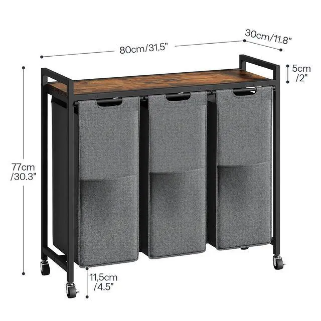 Alt view image 3 of 7 - Laundry Sorter 3 Section, Laundry Hamper with Wheels, 3 × 11.5 Gal (43.4L), Rolling Laundry Basket, Pull-Out and Removable Oxford Fabric Laundry Bags, Rustic Brown and Grey BFG76XY01